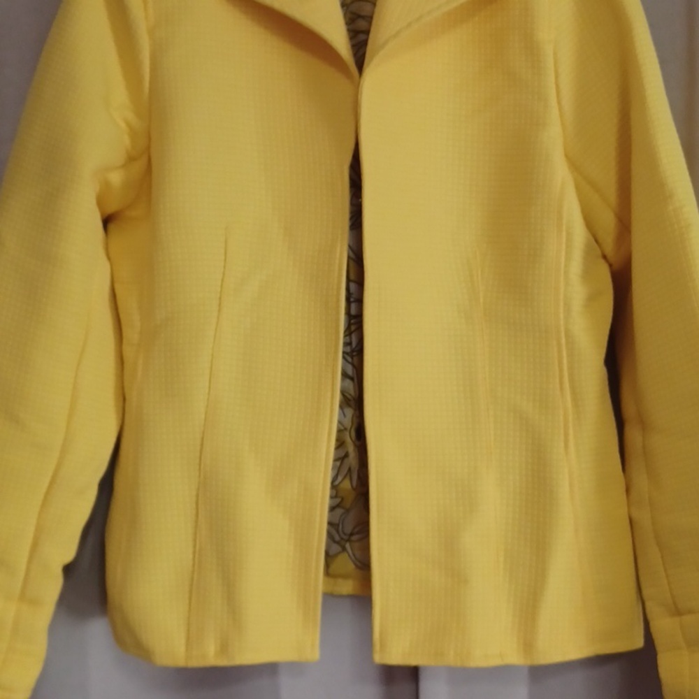 Sara Isabella Bright Yellow Square Textured Jacket Open Front Floral Lined Sz S - Picture 6 of 15